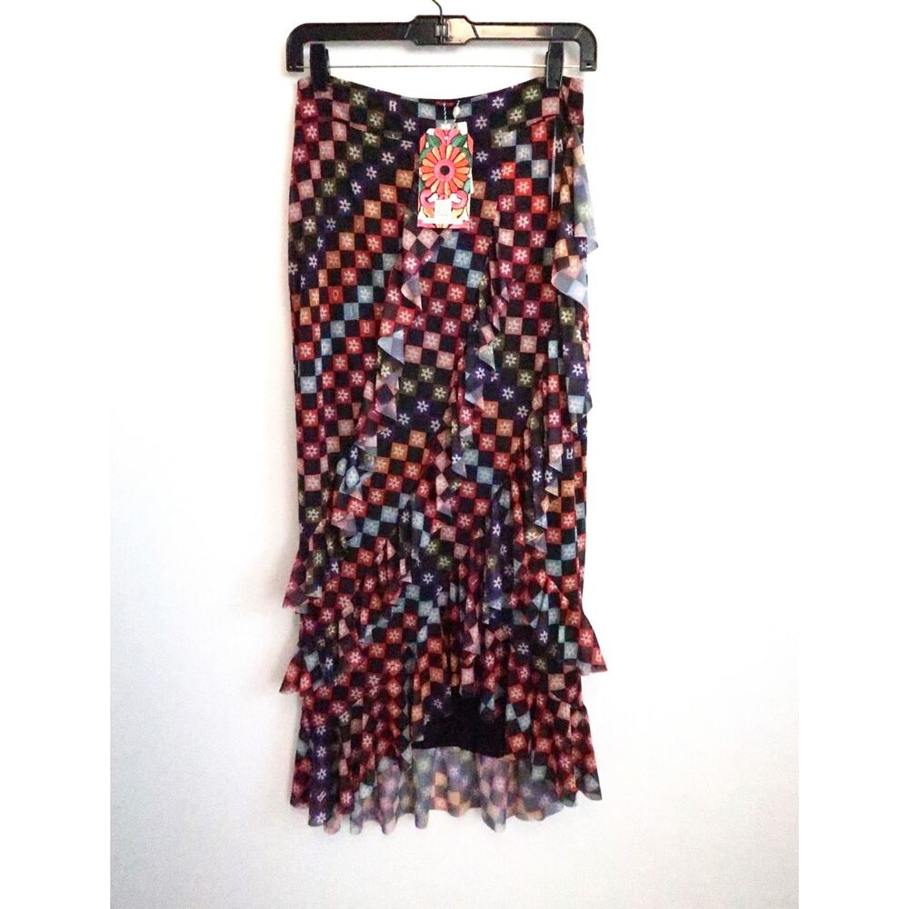 FARM RIO Mesh Check Midi Maxi Ruffle Tiered Skirt Anthropologie S NWT $160 - Picture 3 of 11